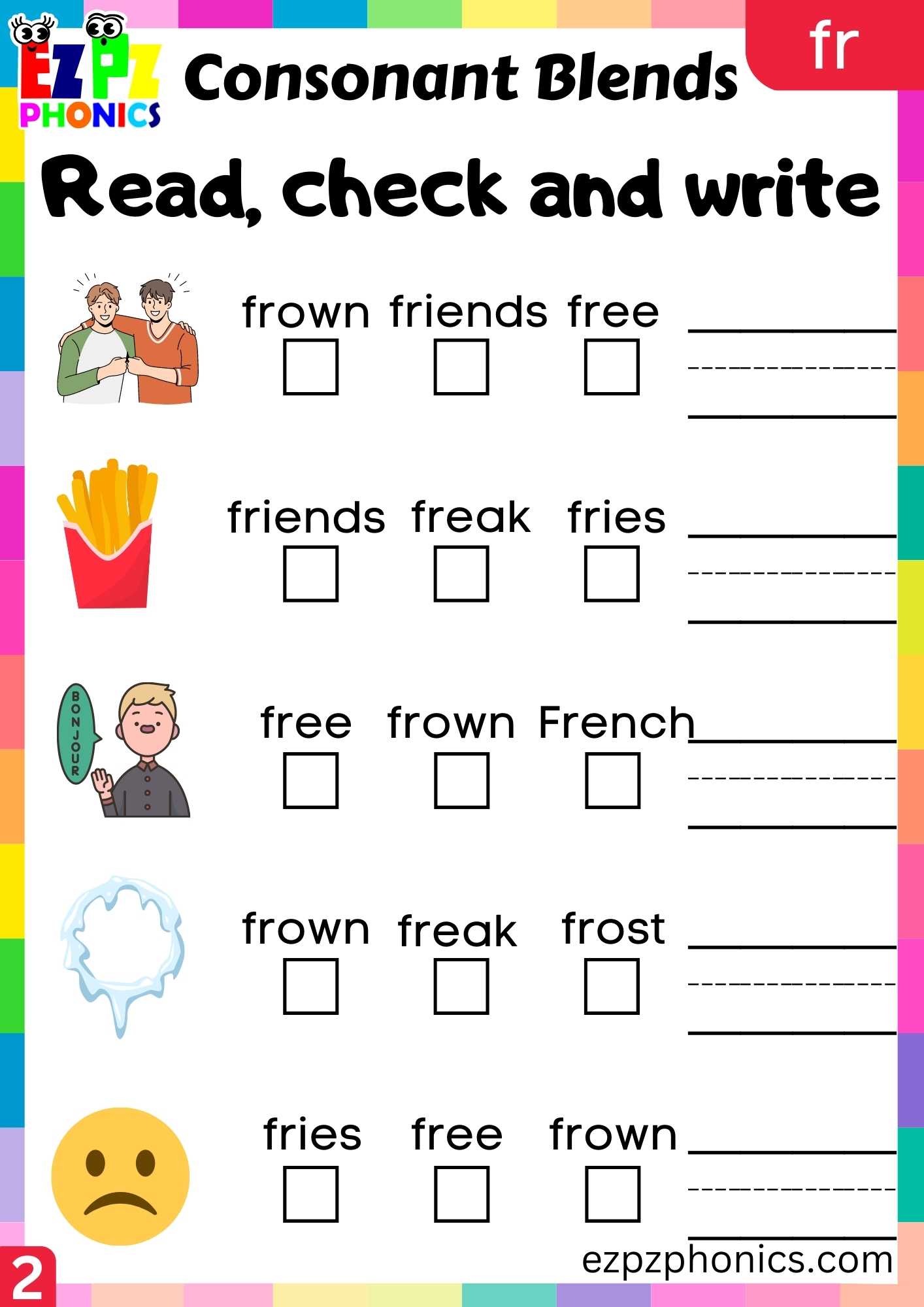 Group2 FR Words Read, Check And Write Phonics Consonant Blends Worksheet